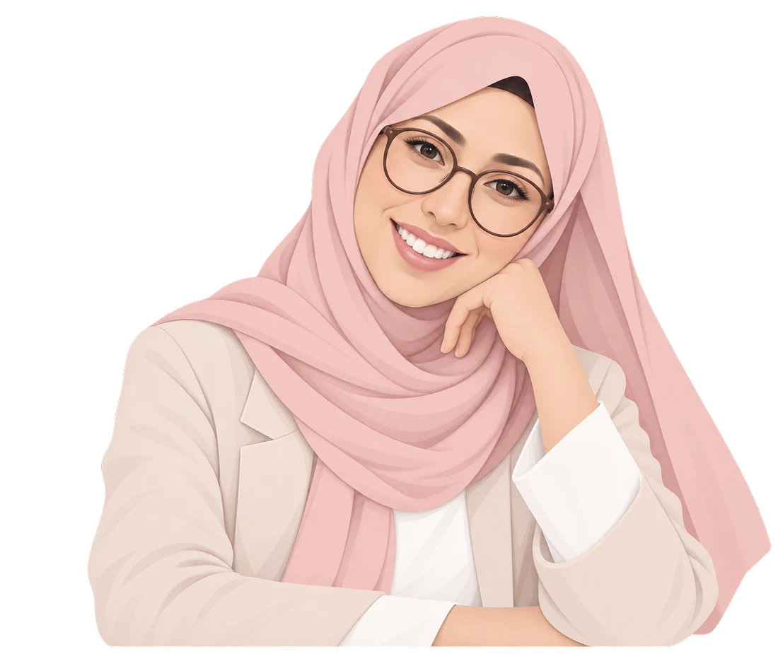 Illustration aux teintes roses représentant une diététicienne souriante